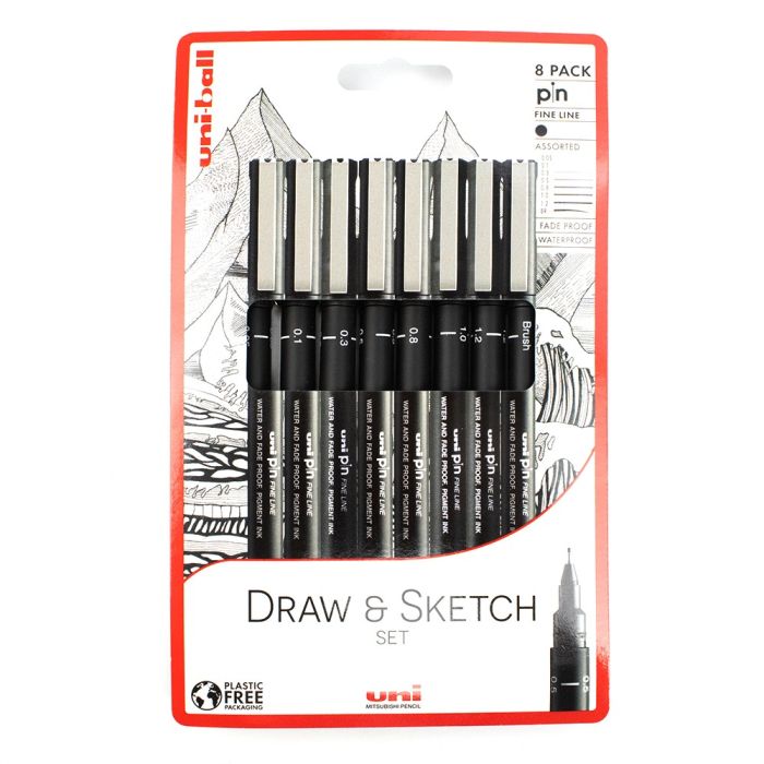 Uni-ball Draw and Sketch Pen Black Pack of 8