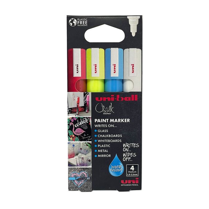 Uni ChalkGlass Marker Bullet Tip PWE-5M 4pc Pack Assorted
