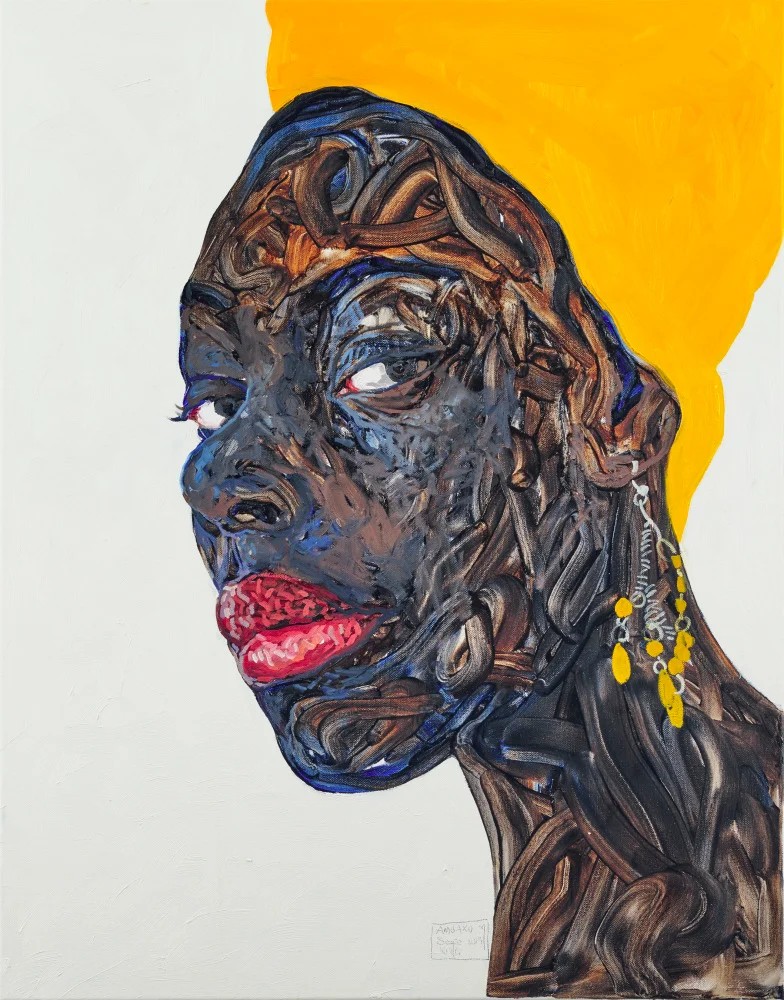 Expressive portrait by Amoako Boafo Expressive portrait by Amoako Boafo with textured areas of colour
