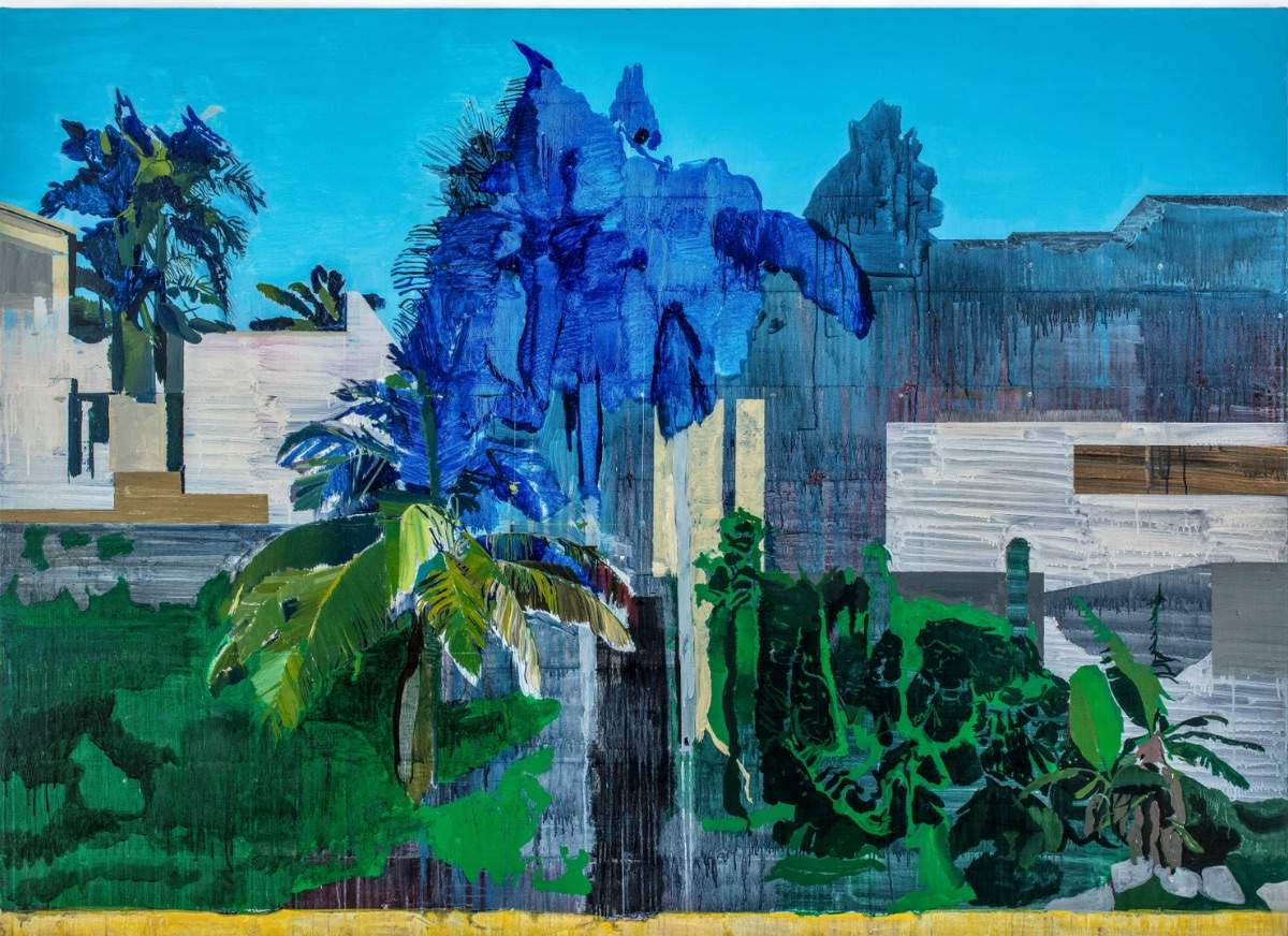 Hurvin Anderson landscape painting Hurvin Anderson landscape painting with layered shapes and vibrant colours
